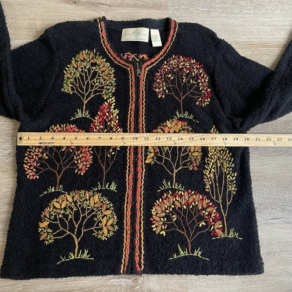 Design Options Large Tree Sweater Zip-Up Cardigan Sweater Felt Fall Embroidered - Picture 3 of 8